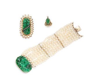 A Collection of Yellow Gold, Jade and Cultured Pearl Jewelry, 73.60 dwts.
