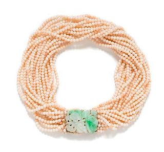 * An 18 Karat Yellow Gold, Jade and Coral Multistrand Necklace, 189.30 dwts.