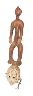 African, Ebu, Nigeria, Polychrome Carved Wood Mask, H 39", W 7", Standing Female Figure On Top.