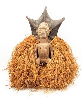 African Earthenware Baby Chief Mask With Raffia H 26" W 20"