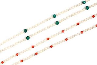 * A Collection of Pearl, Coral and Malachite Bead Necklaces, 146.10 dwts.