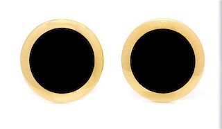 A Pair of 14 Karat Yellow Gold and Onyx Earclips, 8.80 dwts.