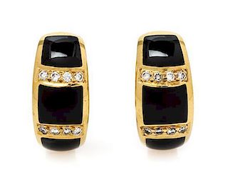 A Pair of 18 Karat Yellow Gold, Diamond and Onyx Earclips, 8.20 dwts.