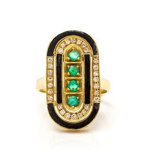 An 18 Karat Yellow Gold Emerald, Diamond and Enamel Ring, Italy, 3.50 dwts.