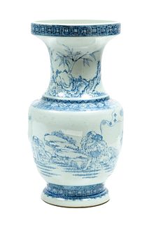 Chinese Porcelain Baluster Vase, Blue On White H 16'' Dia. 8''