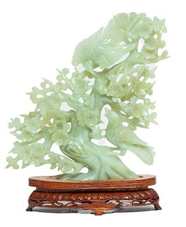 Green Serpentine Carving, Birds And Foliage H 9'' W 8.5''