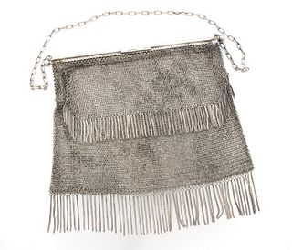 Silver Chainmail Mesh Handbag C. 1900, H 6.5'' W 6.5'' 8t oz