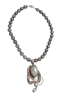 Art Nouveau Sterling Silver Bead Necklace, Blister Pearl And Blue Topaz L 16''