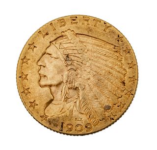 U.S. Gold $2.50 Indian Head Coin, 1909, 28mm Diameter