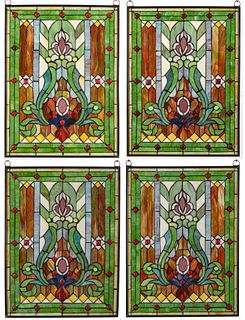Stained & Leaded Glass Window Panes, Later 20th C., H 25'' W 19'' 4 pcs