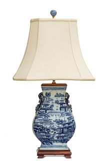 Chinese Blue & White Porcelain Table Lamp, H 32'' W 9.5'' Depth 7''