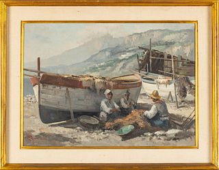 Ercole Magrotti (Italian, 1891-1967) Oil On Canvas, Figures Mending Nets Next To A Vessel, H 19'' W 27''