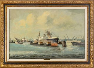 Andri Verveen, 1911 - 88, Oil On Canvas, C 1960 H 24" W 36" Rotterdam Harbor
