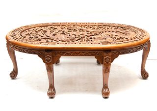 India Carved Wood Dragon And Phoenix Oval Coffee Table, H 18" W 34.5" L 51"