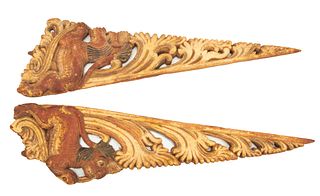 India, Pair Of Polychrome Carved Wood Brackets, H 28", W 8", D 1.5"