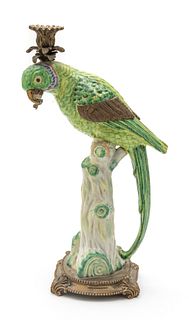 Castilian Ormolu Mounted Porcelain Parrot Candlestick, H 16'' W 7''