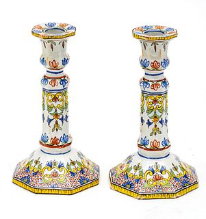 French Rouen Faience Earthenware Candlesticks, H 8.25'' Dia. 4.5'' 1 Pair