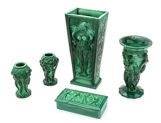 Bohemian Malachite Glass Vases & Covered Box, C. 1930, H 11.75'' W 5.25'' Depth 4'' 5 pcs