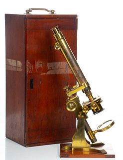 Charles Baker, London,  Cased Brass Binocular Microscope, C. 1860s/70s, H 18.5''