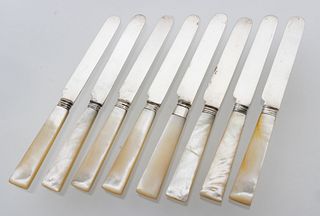 Mother Of Pearl & Sheffield Plate Handle Knives C. 1920, L 8'' 8 pcs