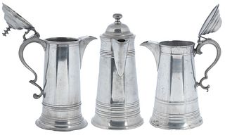 American  Pewter Flagons, Boardman, Calder And Trask,  Early To Mid 19th C., H 12.5'' W 4'' L 9'' 3 pcs