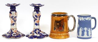Lord Nelson Pottery Beer Mug, Wedgwood Jasperware Pitcher And Candlesticks. 4 Pcs, H 4" - 6 "