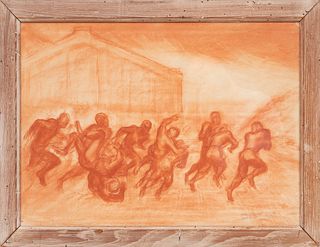 John Steuart Curry (American, 1897-1946) ContÈ Crayon On Paper Laid Down On Paperboard, 1937, "End Run", H 19.25'' W 27.75''
