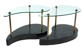 Pair Of Bio Morphic Glass Top And Wood Tables, H 21'' W 21.5'' L 38''