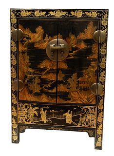 Chinese Black Lacquer Jin Painted Cabinet C. 18th.c., H 59'' W 40'' Depth 19''
