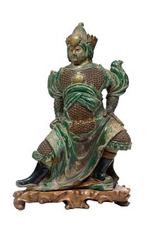 Chinese Wei Tao Stoneware Sancai Glazed Warrior C. 19th.c., H 16'' W 12''
