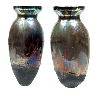Pewabic Pottery (American, 1903) Iridescent Half-Glazed Hanging Vases, H 12'' Dia. 4.75'' 1 Pair