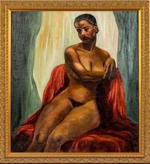 Signed "Suzanne"  Oil On Canvas Portrait Of A Seated Nude Woman, C. 1952, H 39'' W 35''