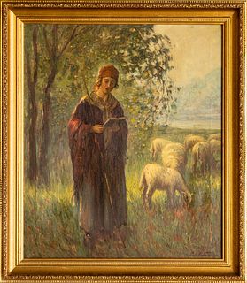 Charles E. Waltensperger (American, 1871-1931) Oil On Canvas, Shepherdess With Sheep, H 25'' W 26''