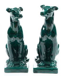 Italian Malachite Glazed Ceramic Hound Dogs, H 10.5'' W 3.75'' Depth 6.5'' 1 Pair