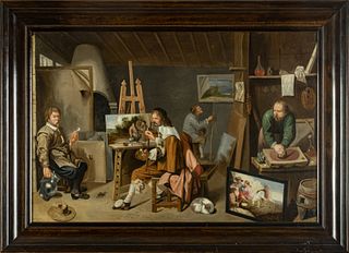 Matheus Van Helmont (Belgian 1623 - Aft.1685) Oil On Canvas, C. 1652, H 22", W 33", Painters In A Studio