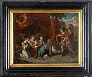 Oil On Beveled Panel, 17Th/18Th Century, H 15", W 20", The Family Of Darius Before Alexander
