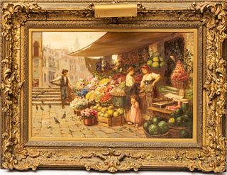 Signed L. Poli (Italian) Oil On Canvas C. 1900, Venice Flower Market, H 24'' W 36''