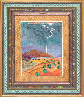 Fran Larsen (AMERICAN B. 1937) Watercolor In Hand Carved And Painted Polychrome Frame C. 1991, Pecos Sun And Thunder, H 19.5'' W 15.5''