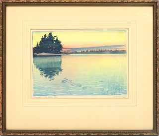 Walter Joseph Phillips (Canadian, 1884-1963) Color Woodcut, C. 1919, Whitefish Bay, Lake Of The Woods, H 5.5'' W 8''