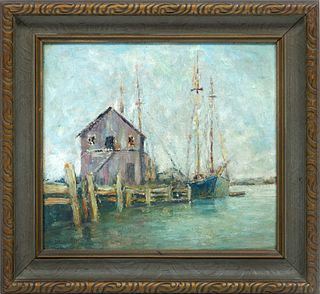 Robert Leslie Wright, Ontario, 1868 - 42, Oil On Panel? C. 1930, Dock Scene With Fishing Boat, H 9'' W 10''