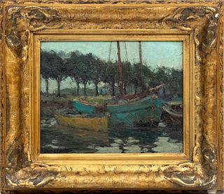 Harry Britton, 1878 - 58, RCA, Canada, Oil On Board "Dutch Boats" H 9.7'' W 12''