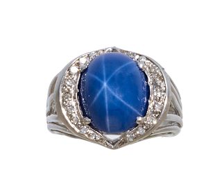 14K White Gold & Lab Made Blue Star Sapphire Ring, Size 6