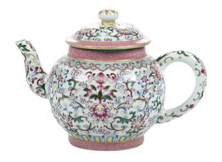 Chinese Polychrome Porcelain Teapot, H 5.5'' L 7.5''