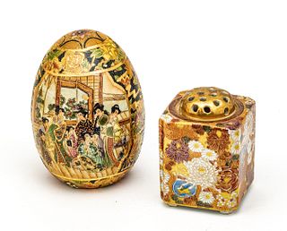 Japanese Sat Suma Porcelain Gold Decorated Censer And Ovoid Ornament 4", 7" 2 pcs