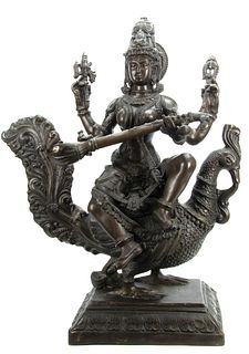 Indian Bronze Sculpture, H 30", W 23", Seated Goddess Saraswati On Garuda