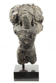 Fragmentary North Indian Brown Schist Figure Of Caturnana Vishnu, Circa 9Th Century, H 16" W 9" D 3.5"