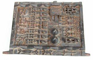 AFRICAN WOOD GRANARY DOOR, GEOMETRIC DESIGN, 'LOCKING SLIDELOCK' 19TH.C. (1) H 28" W 19.5"