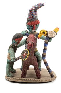 African, Nigerian Beaded Figural Sculpture,  H 16", L 15", D 11.25", Two Figures With A Horse