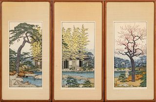 Toshi Yoshida (Japanese, 1911-1995) Woodblock Triptychs The Friendly Garden, H 20.5'' W 10.5'' 3 pcs
