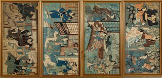 Japanese Ukiyo-e Woodblock Prints Three Triptychs, H 13.75'' W 26''